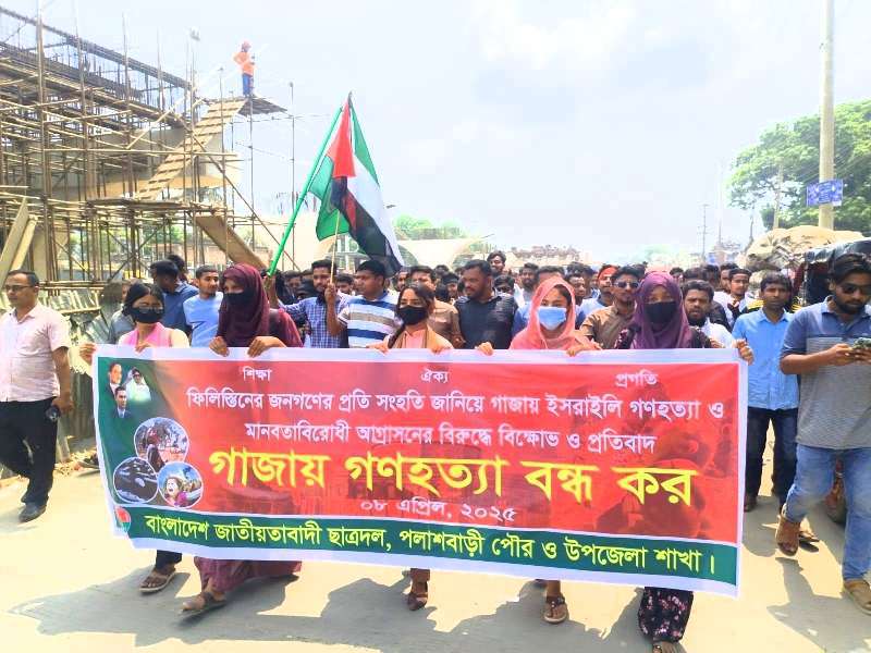 ফিলিস্তিনে গণহত্যার প্রতিবাদে পলাশবাড়ীতে ছাত্রদলের বিক্ষোভ ও প্রতিবাদ